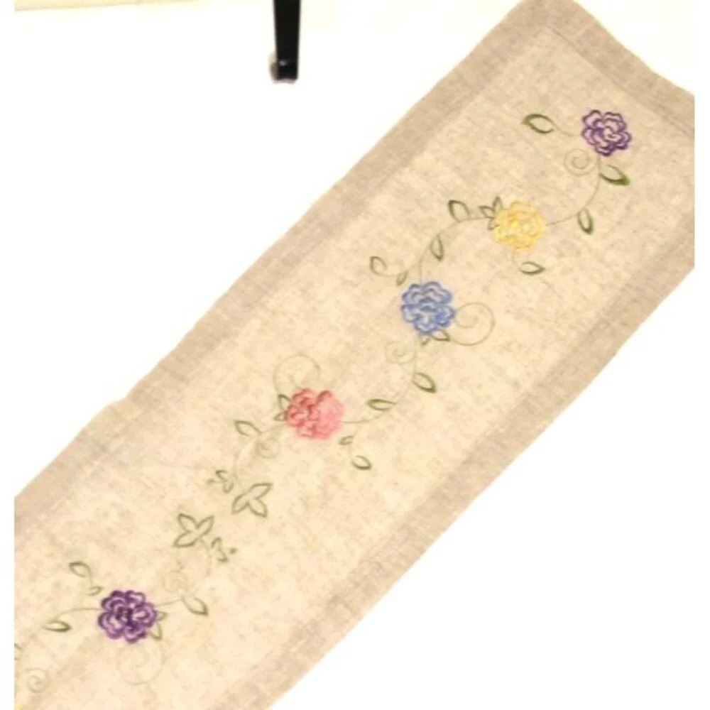 Natural Linen Taupe Embroidered Cutwork Floral Table Runner 13